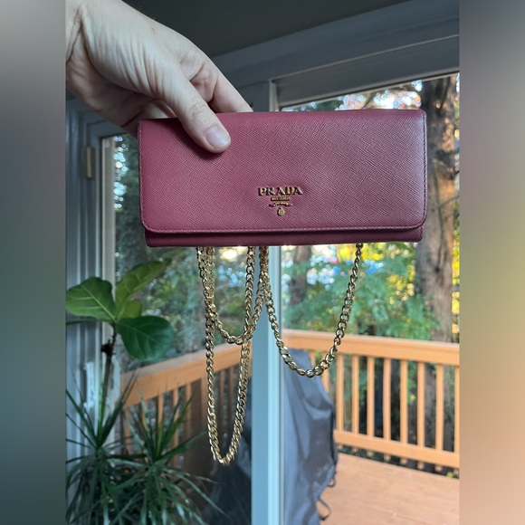 Prada Pink Saffiano Long Wallet with Generic Gold Crossbody Chain - Picture 15 of 16